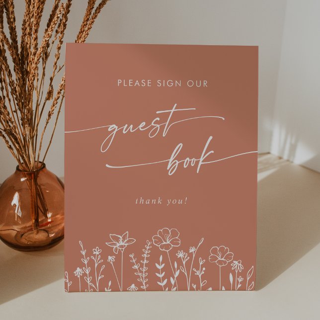 Boho Chic Terracotta Wildflower Wedding Guest Book Pedestal Sign (Creator Uploaded)