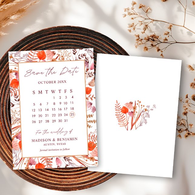 Boho Chic Terracotta Wildflowers Wedding Calendar Save The Date (Creator Uploaded)