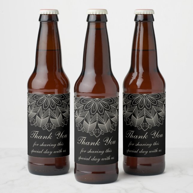 Boho Chic Thank You Mandala Indian Black Wedding Beer Bottle Label (Bottles)