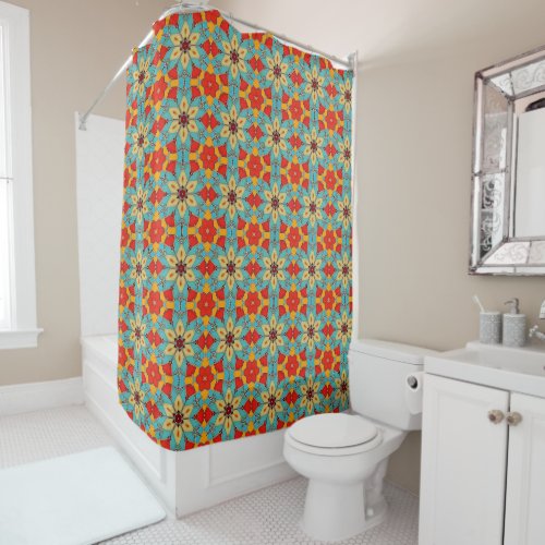 Boho Chic Tiles in Retro Colors Vintage Bathroom Shower Curtain