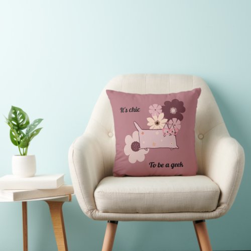 Boho chic to be geek cute floral pink cat throw pillow