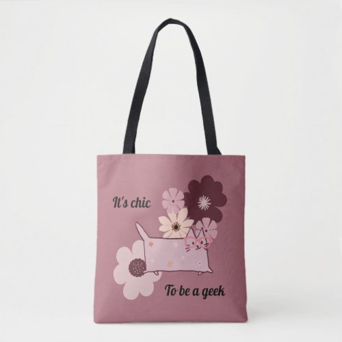 Boho chic to be geek pink cute floral cat  tote bag