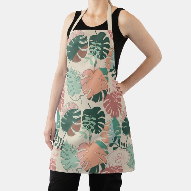 Boho Chic Tropical Botanical Pattern Monogram Apron (Insitu)