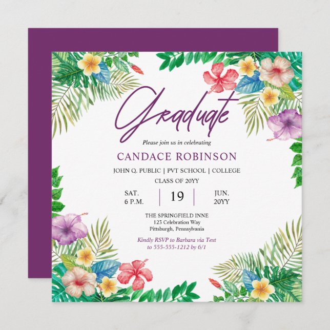 Boho Chic Tropical Hibiscus Graduation Party  Invitation (Front/Back)