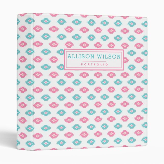 Boho Chic Turqoise & Pink Aztec Pattern 3 Ring Binder (Front/Spine)