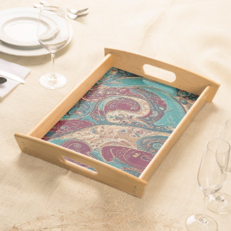 Boho Chic Turquoise & Mauve Paisley Etched Wooden Serving Tray