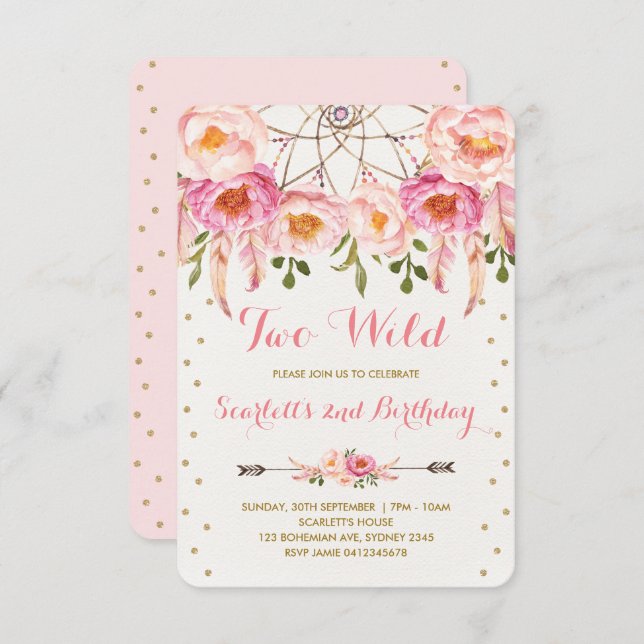 Boho Chic Two Wild 2nd Birthday Dreamcatcher Party Invitation (Front/Back)