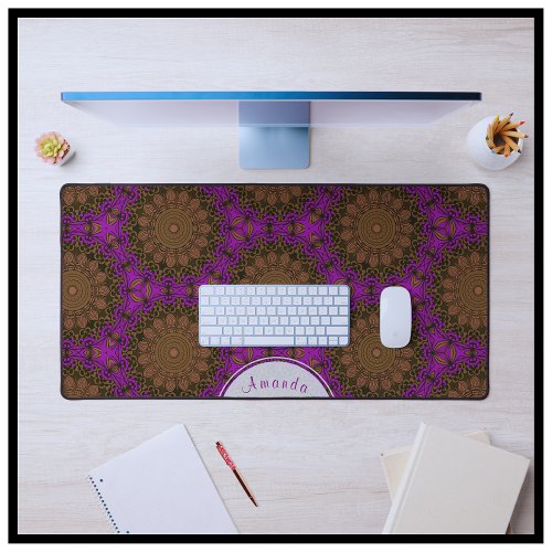 Boho Chic Vibrant Purple Gold Mandala Pattern Desk Mat