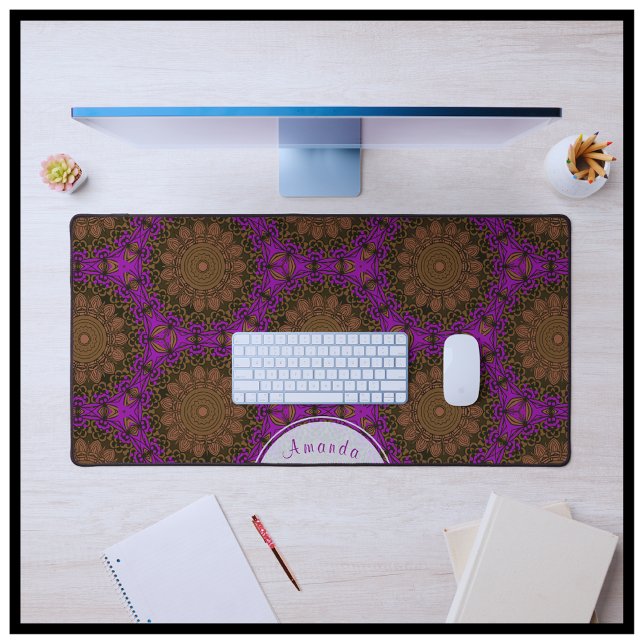 Boho Chic Vibrant Purple Gold Mandala Pattern Desk Mat (Boho Chic Vibrant Purple and Gold Mandala Pattern with Custom Name.)