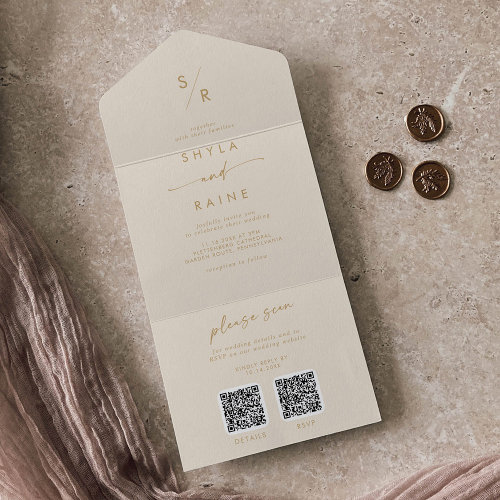 Boho Chic Vintage Gold Dual QR Code Wedding All In One Invitation