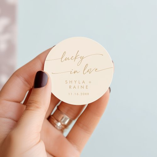 Boho Chic Vintage Gold Lucky In Love Favor Classic Round Sticker