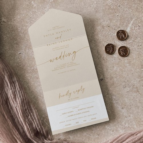 Boho Chic Vintage Gold Meal Choice RSVP Wedding All In One Invitation