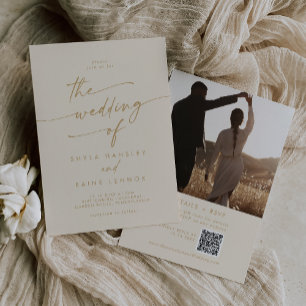 Boho Chic Vintage Gold Photo QR Code Wedding Invitation