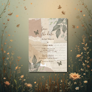 boho chic vintage greenery wedding safe the date invitation