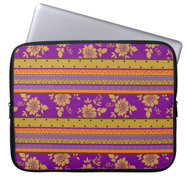 Boho Chic Violet Mustard Yellow Floral Pattern Laptop Sleeve (Front)