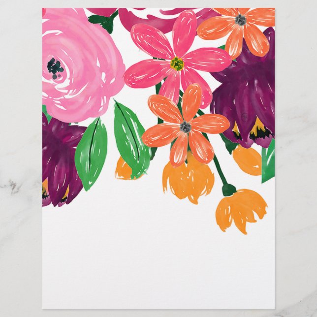 Boho Chic Watercolor Burgundy Pink Flowers Letterhead (Front)