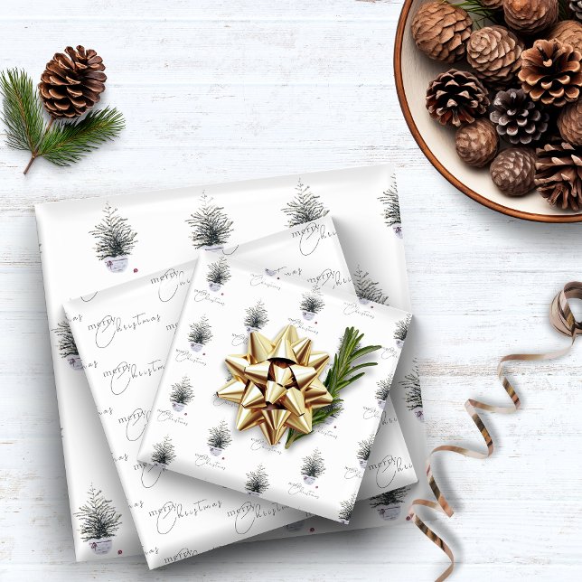 Boho Chic Watercolor Christmas Tree White Wrapping Paper Sheets (Creator Uploaded)