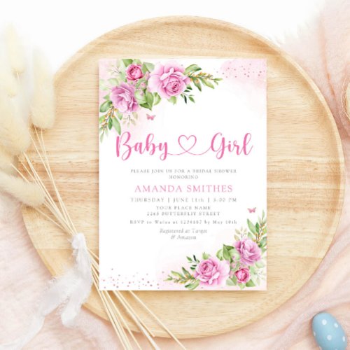 Boho Chic Watercolor Floral Baby Girl Shower Invitation