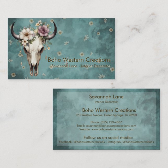 Boho Chic Watercolor Floral Cow Skull  Business Card (Front/Back)