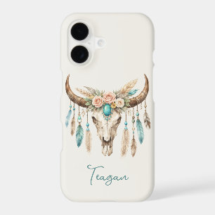 Boho Chic Watercolor Floral Cow Skull iPhone 17 Case