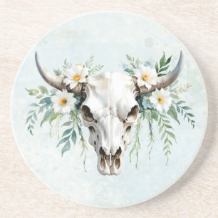 Boho Chic Watercolor Floral Cow Skull Coaster