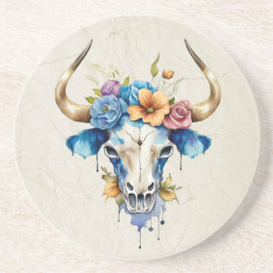 Boho Chic Watercolor Floral Cow Skull Coaster