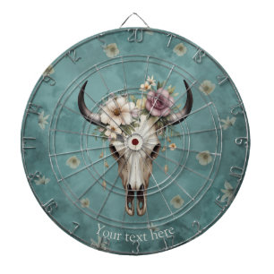 Boho Chic Watercolor Floral Cow Skull Dart Board