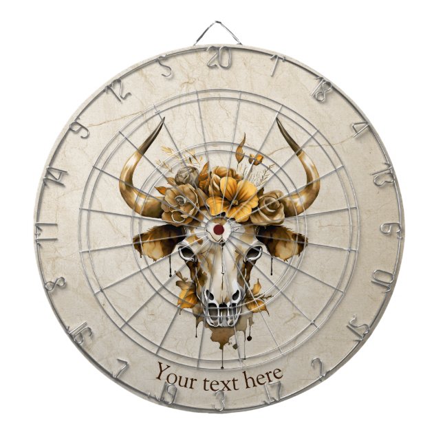 Boho Chic Watercolor Floral Cow Skull  Dart Board (Front)
