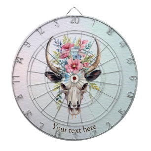 Boho Chic Watercolor Floral Cow Skull Dart Board