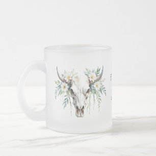 Boho Chic Watercolor Floral Cow Skull Frosted Glass Coffee Mug