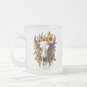 Boho Chic Watercolor Floral Cow Skull Frosted Glass Coffee Mug