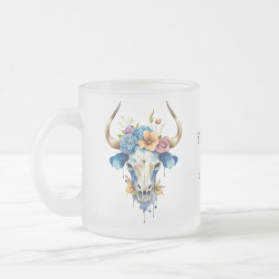 Boho Chic Watercolor Floral Cow Skull Frosted Glass Coffee Mug