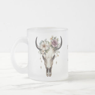 Boho Chic Watercolor Floral Cow Skull Frosted Glass Coffee Mug