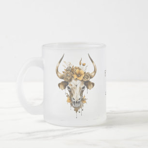 Boho Chic Watercolor Floral Cow Skull Frosted Glass Coffee Mug