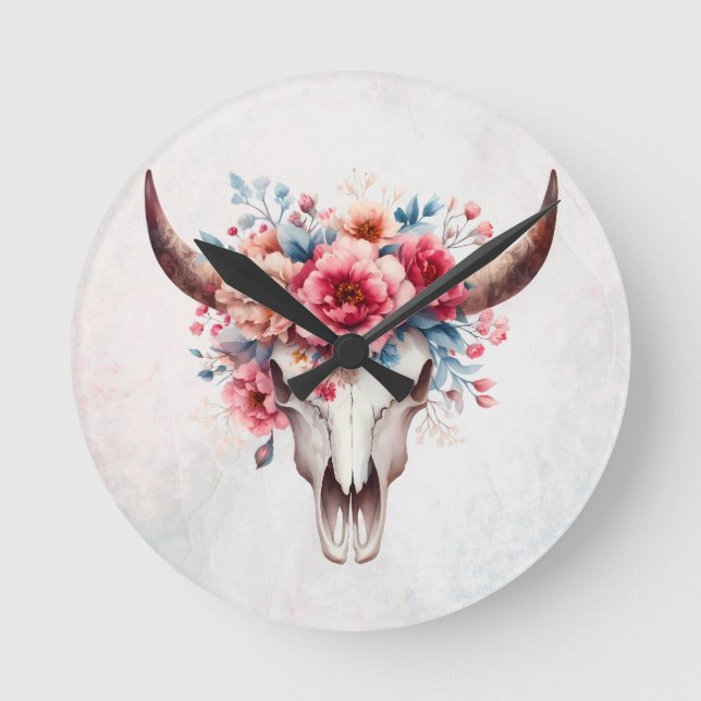Boho Chic Watercolor Floral Cow Skull Round Clock (Front)