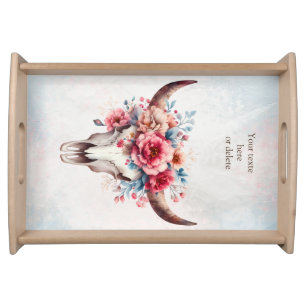Boho Chic Watercolor Floral Cow Skull Serving Tray