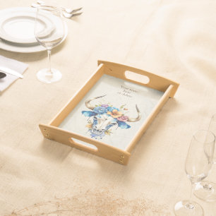 Boho Chic Watercolor Floral Cow Skull Serving Tray