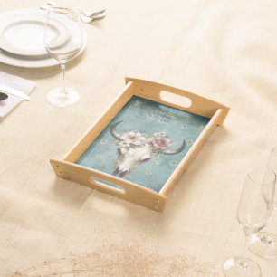 Boho Chic Watercolor Floral Cow Skull Serving Tray