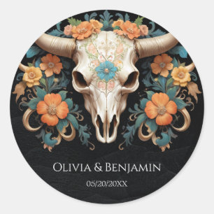 Boho Chic Watercolor Floral Cow Skull Wedding Classic Round Sticker