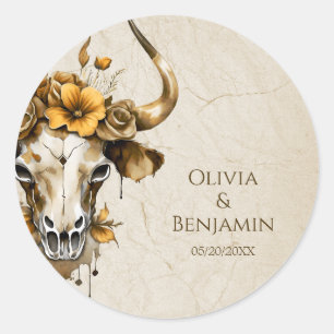 Boho Chic Watercolor Floral Cow Skull Wedding Classic Round Sticker