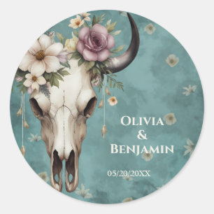 Boho Chic Watercolor Floral Cow Skull Wedding Classic Round Sticker