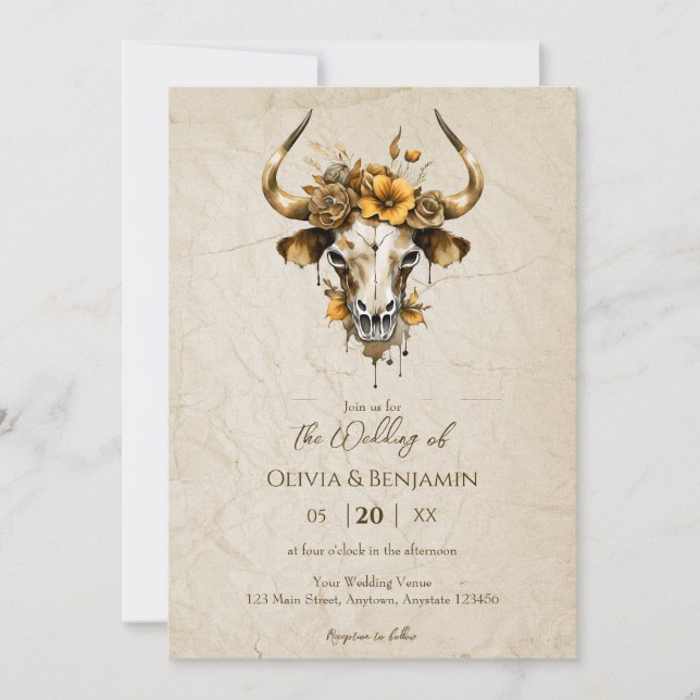 Boho Chic Watercolor Floral Cow Skull Wedding Invitation (Front)