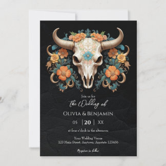 Boho Chic Watercolor Floral Cow Skull Wedding Invitation