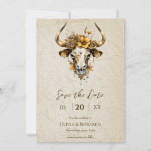 Boho Chic Watercolor Floral Cow Skull Wedding Save The Date