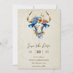 Boho Chic Watercolor Floral Cow Skull Wedding Save The Date
