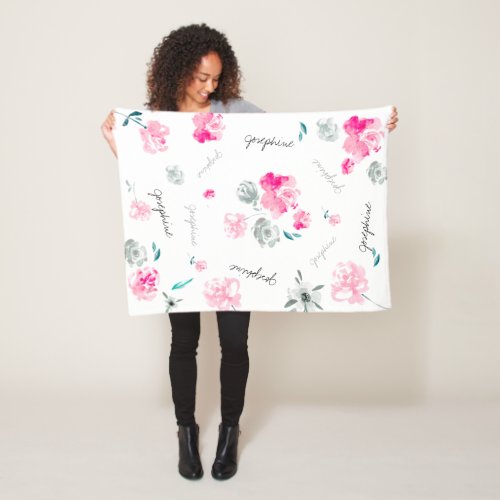 Boho Chic Watercolor floral repeated Name Baby Fleece Blanket