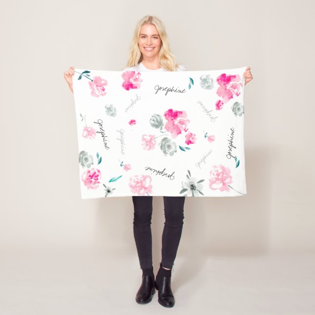 Boho Chic Watercolor floral repeated Name Baby Fleece Blanket (In Situ)