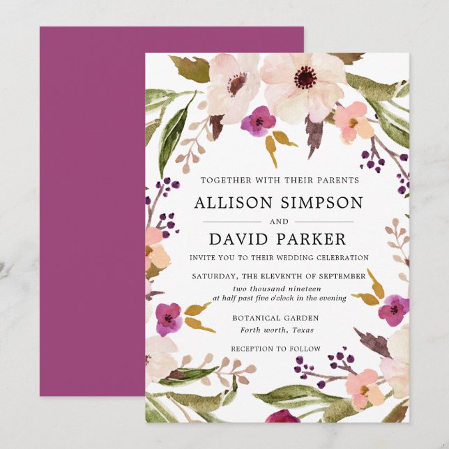 Boho Chic | Watercolor Floral Wedding Invitation (Front/Back)