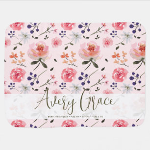 Boho Chic Watercolor florals Personalized Stats Baby Blanket
