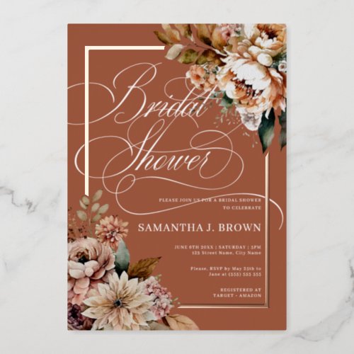 Boho Chic Watercolor Flowers Fall Bridal Shower Foil Invitation